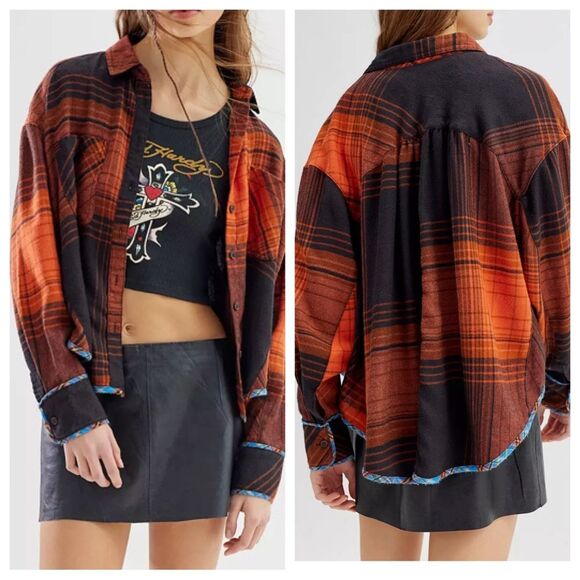 BDG Urban Outfitter Karl Slouchy Orange Black Plaid Patchwork Button Up Shirt M - Picture 2 of 6